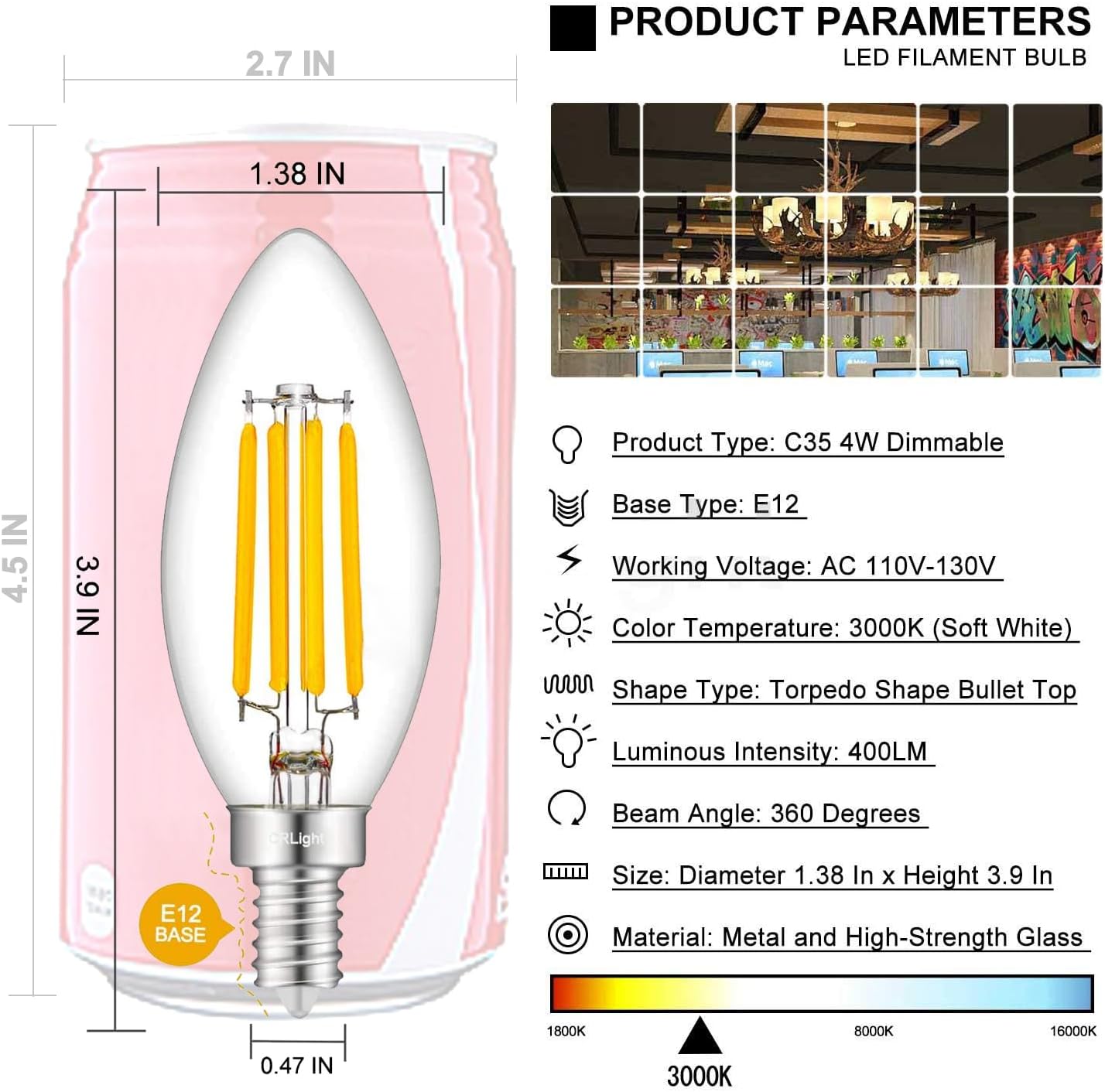 CRLight 3000K Dimmable LED Candelabra Bulb 4W Soft White, 40W Equivalent 400LM E12 LED Chandelier Bulbs, B11 Clear Glass Candle Torpedo Shape, 6 Pack