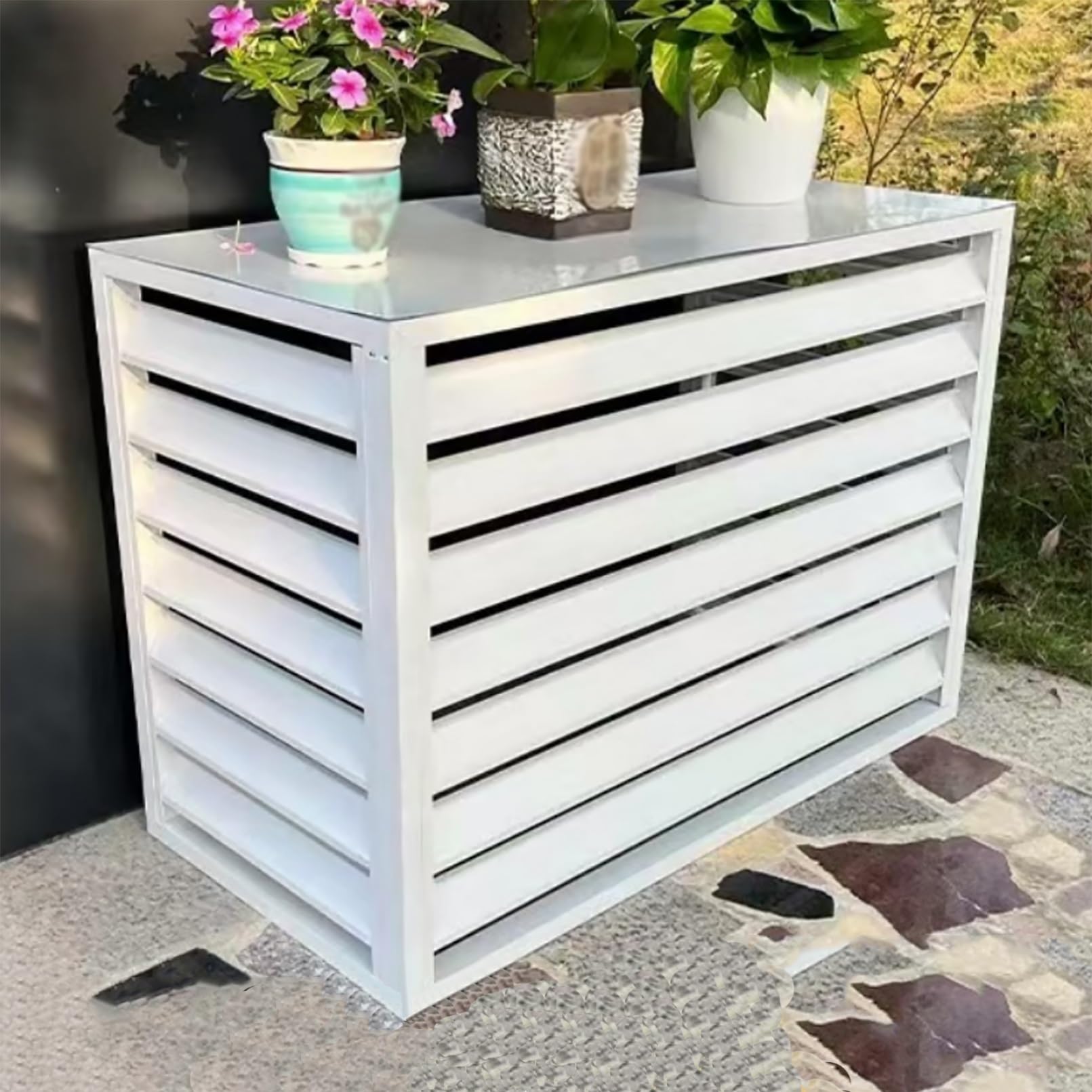 Aluminiowa pokrywa klimatyzatora, ochrona pompy ciepła, ekran, ogrodzenie prywatności, obudowa kosza na śmieci, skrzynka ogrodowa, stojak na kwiaty, na zewnątrz, ochrona prywatności, białe, 100 x 50 x