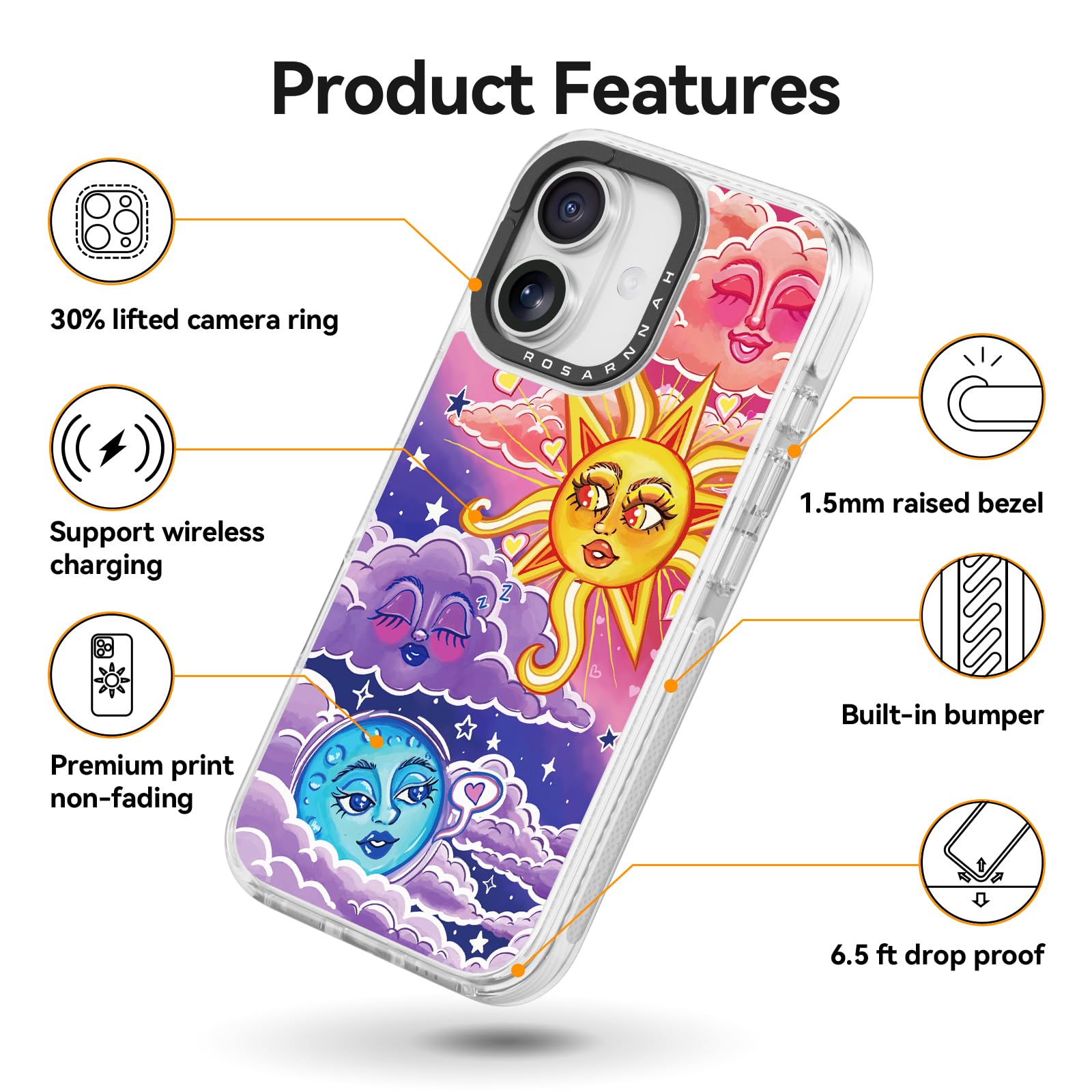 Rosarnnah Funda compatible con iPhone – Funda duradera a prueba de golpes de impacto de caída de 6.5 pies – Divertido diseño de día y noche para iPhone (6.1 pulgadas), transparente