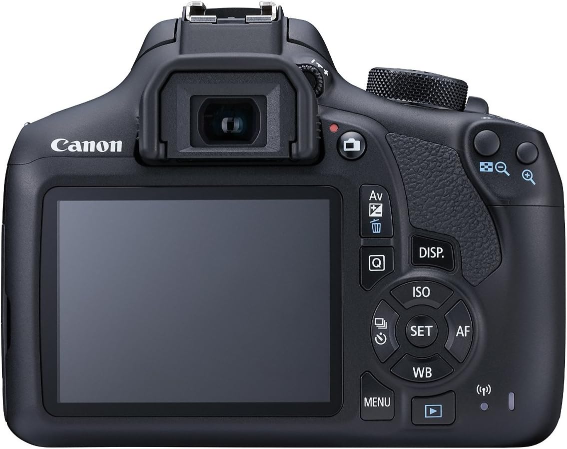 Enrere view of the Canon EOS 1300D camera showing the LCD screen and control buttons.