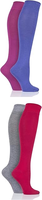 SockShop Ladies Bamboo Knee High Socks with Smooth Toe Seams Pack of 4 Alpine Red/Neon Lights 4-8