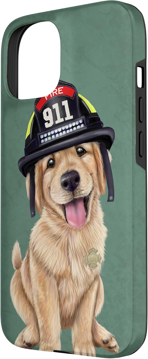 iPhone 15 Golden Retriever puppy wearing a firefighter hat Case