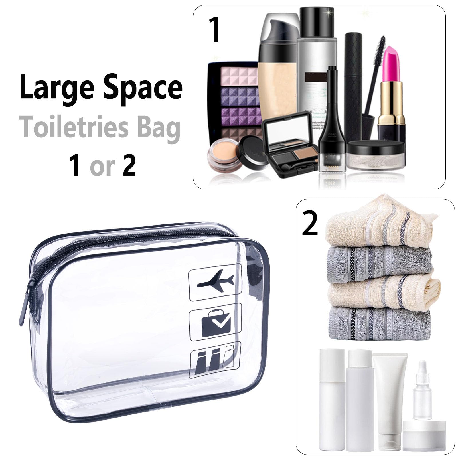 Bolsas de viaje transparentes para artículos de tocador, 10 unidades, bolsa de maquillaje transparente, bolsas de aseo de tamaño de cuarto de galón, bolsa de viaje, color negro