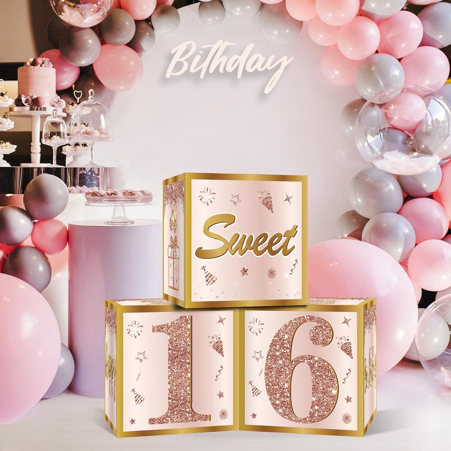 Guiruiy 3Pcs Sweet 16 Party Decorations Boxes for Girls Women, Pink Rose Gold 16th Birthday Balloons Boxes Party Supplies, Pink Sweet Sixteen Bday Theme Cardboard Box Decor