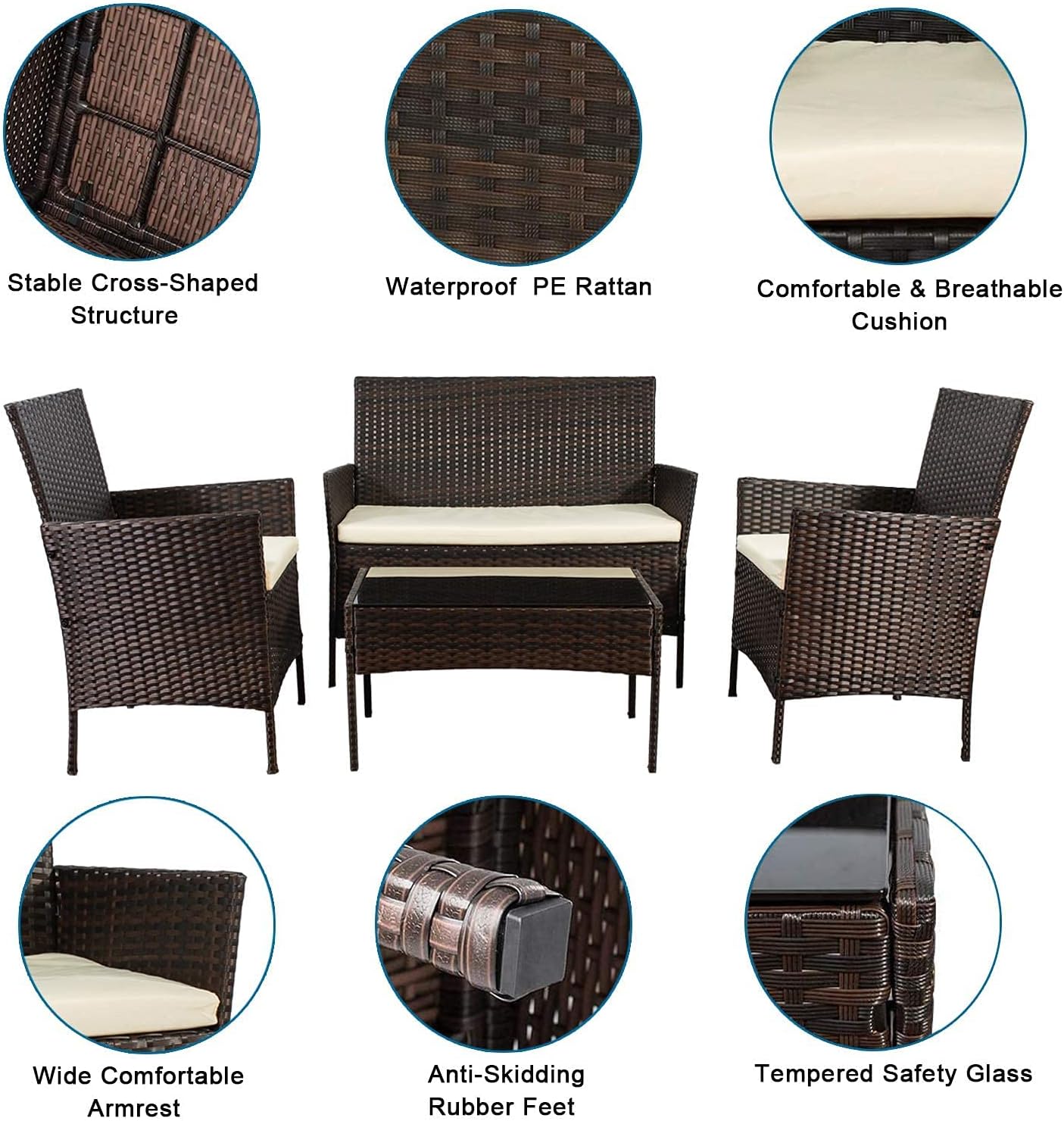 4 Pieces Outdoor Patio Rattan Furniture Sets, Wicker Outdoor Furniture Sets & Conversation Sets with Cushion, Outdoor/Indoor Rattan Wicker Chair with Coffee Table for Balcony Garden