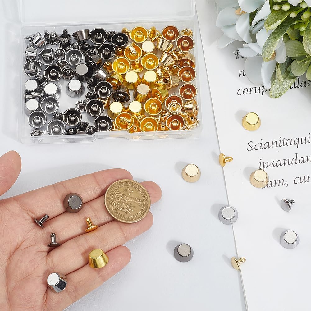 Beebeecraft 60Pcs 4 Colors Alloy Handbag Purse Feet Gold Silver Flat Head Nailhead Metal Rivet Studs for Bag Buckle Button Cap Rivets for DIY Leather Craft