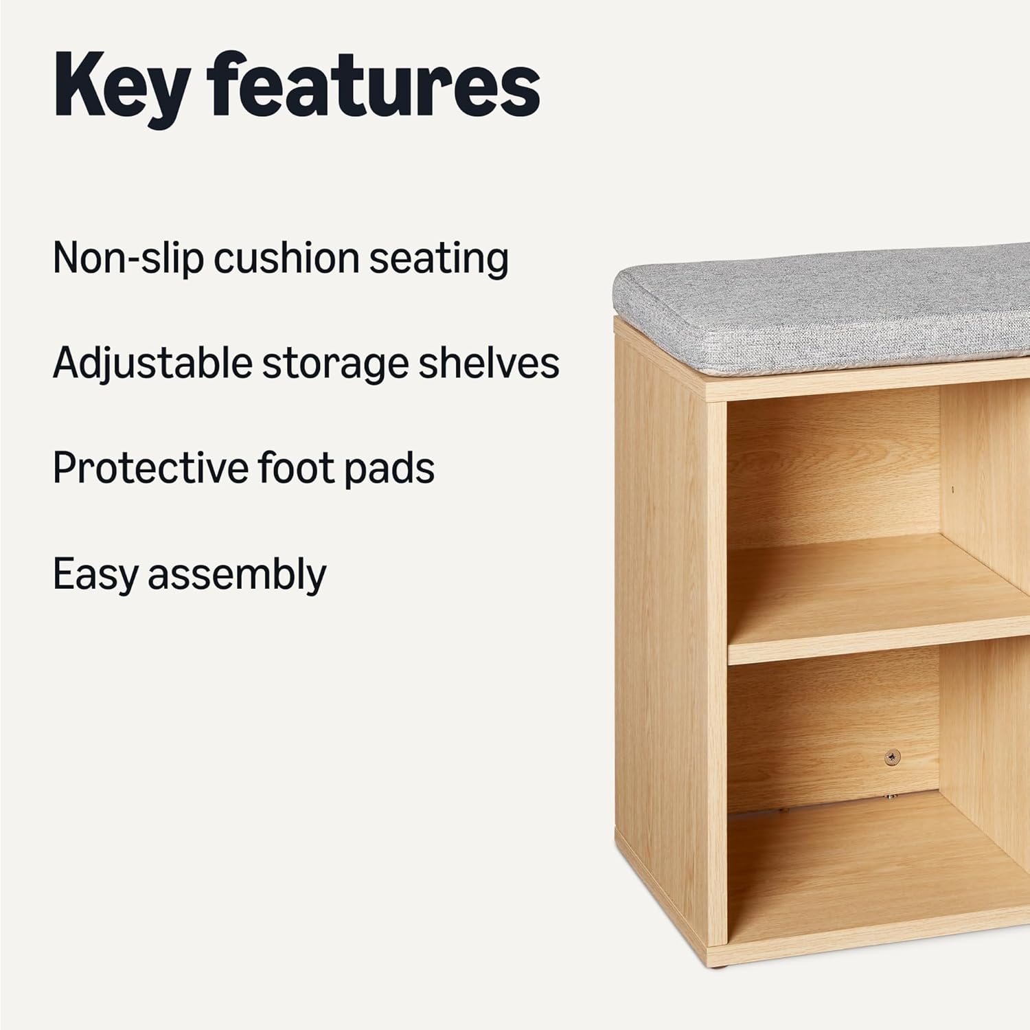 Amazon Basics Shoe Storage Bench with Cushion, 6 Cubbies, Adjustable Shelves, Oak Finish, 87cm W x 47.6cm H
