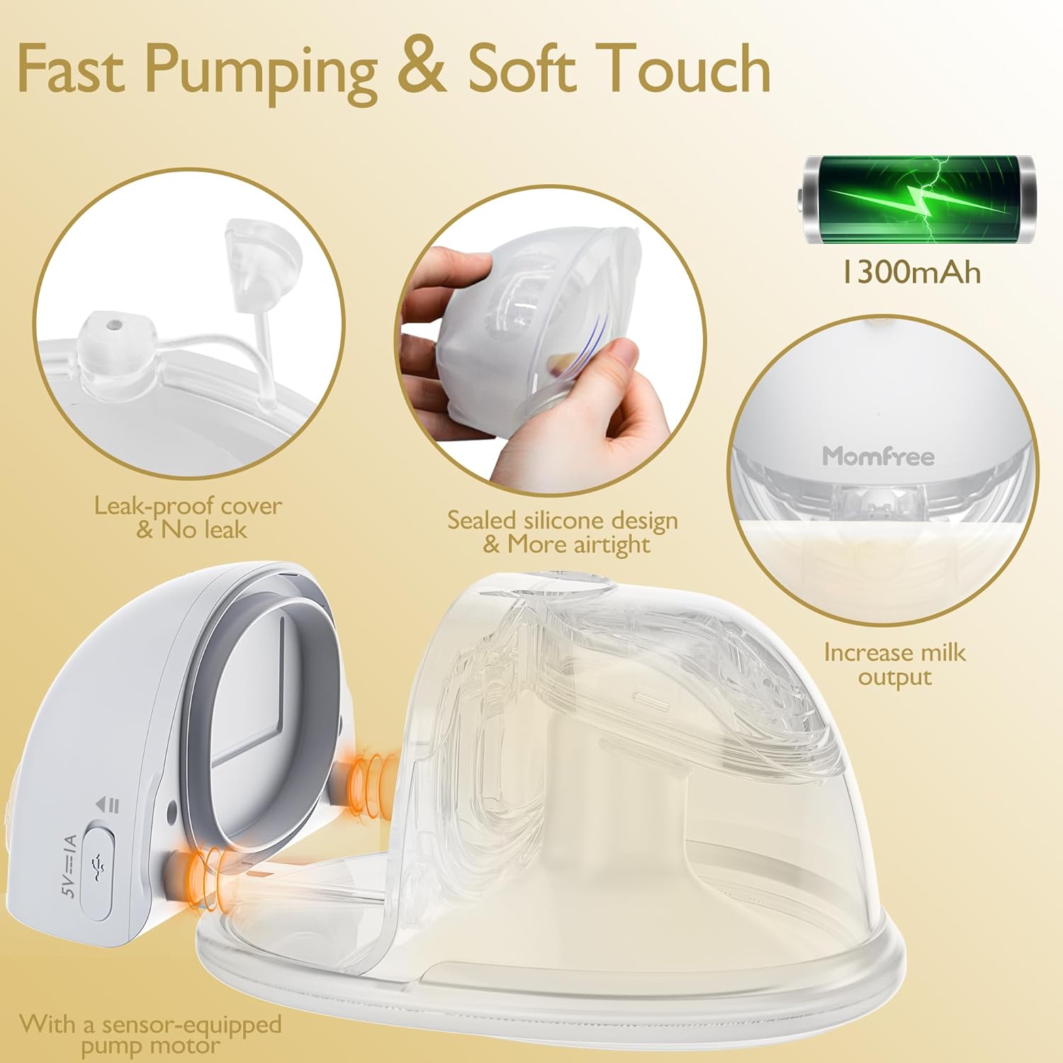 F6 Hands-Free Breast Pump: Wearable Double Breastpump with Upgraded App Control – Personalized 3 Modes & 9 Levels | Smart Display | Strong Suction 24/21/19/17/15mm Soft Silicone Cushion Insert Yellow