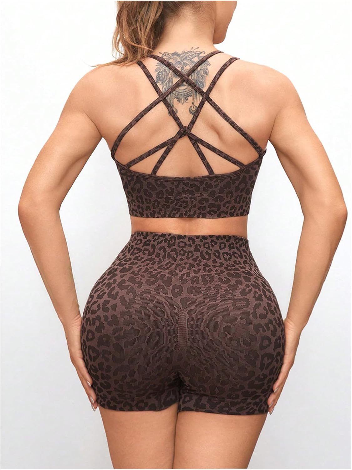 WDIRARA Women's 2 Piece Shorts Outfits Tracksuit Leopard Criss Cross Camisole Mini Shorts Workout Yoga Set