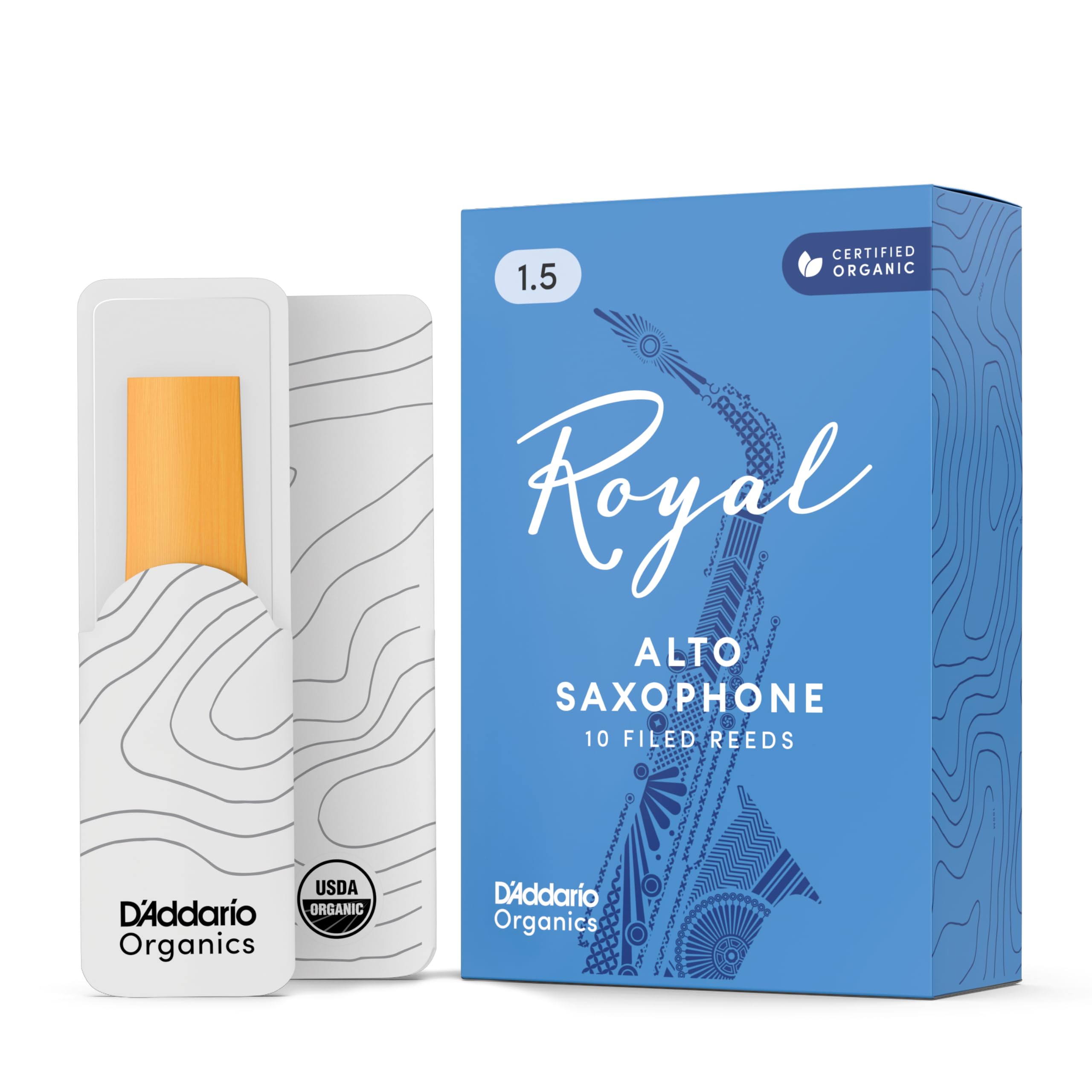 D'Addario Royal Organic Alto Saxophone Reeds, Strength 1.5, 10-Pack