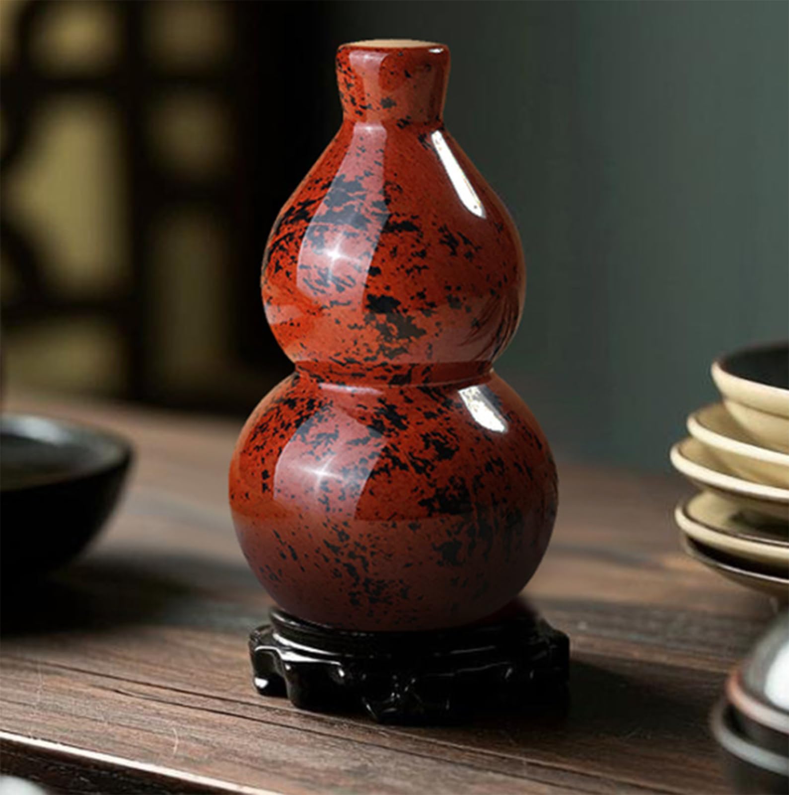 Figurine de calebasse Feng Shui en Obsidienne Rouge Naturelle, Sculpture en Cristal Chinois, Ornement décoratif sculpté à la Main pour Bureau à Domicile ou de Bureau,10cm