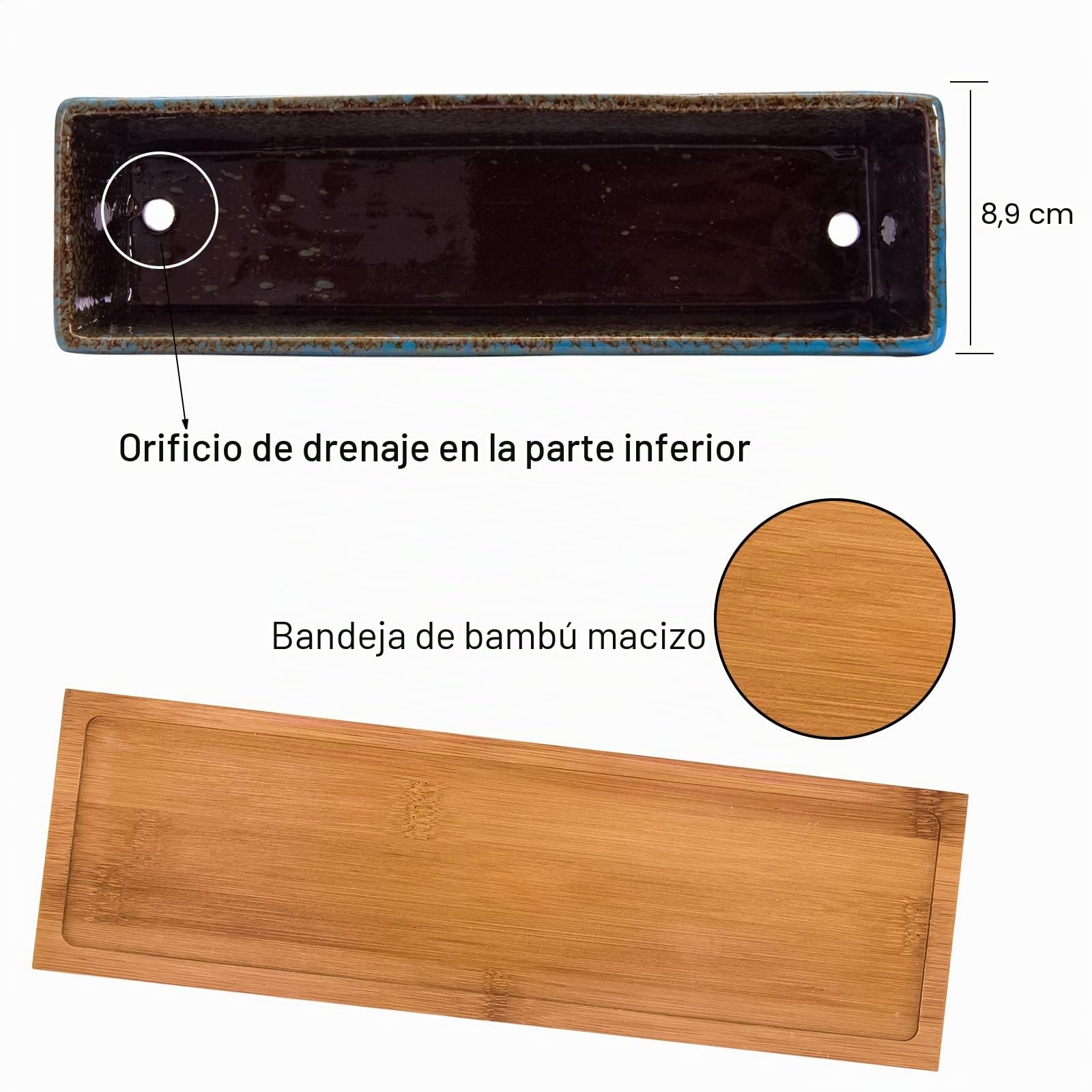 Macetas suculentas rectangulares de 12 pulgadas de largo con bandejas de drenaje, macetas grandes de cerámica con cactus para plantas de interior/exterior, caja de ventana de bonsái poco profunda