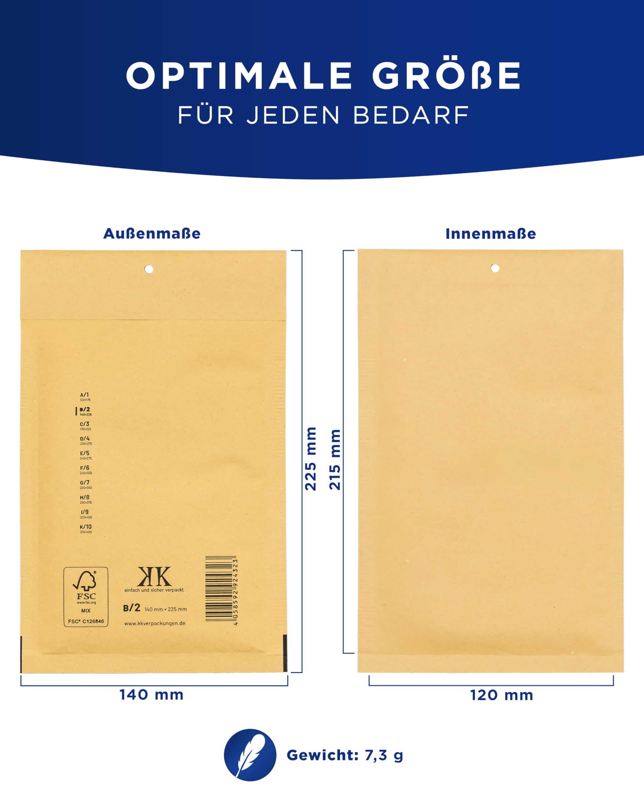 KK Verpackungen 600x Luftpolster-Versandtaschen B2 B/2 140 x 225 mm (Außenmaß) in Braun | Luftpolsterumschläge Luftpolstertaschen selbstklebend