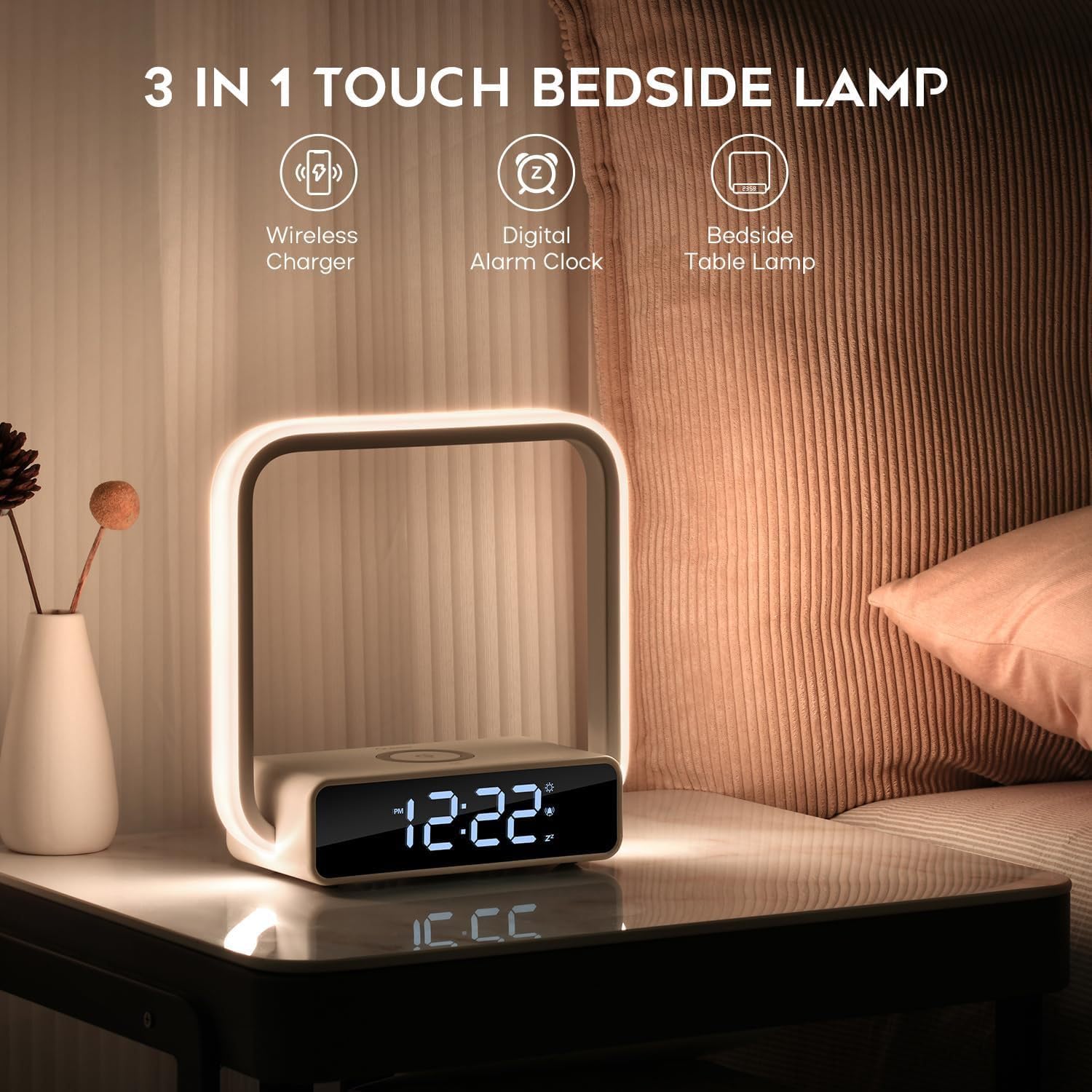 Nachttischlampe Tischlampe mit 10W Kabelloser Ladefunktion RGB Farben Stimmungslicht LED Lichtwecker Touch Dimmbar mit 3 Helligkeitsstufen Nachtlicht Wecker mit Licht für Kinderzimmer Schlafzimmer
