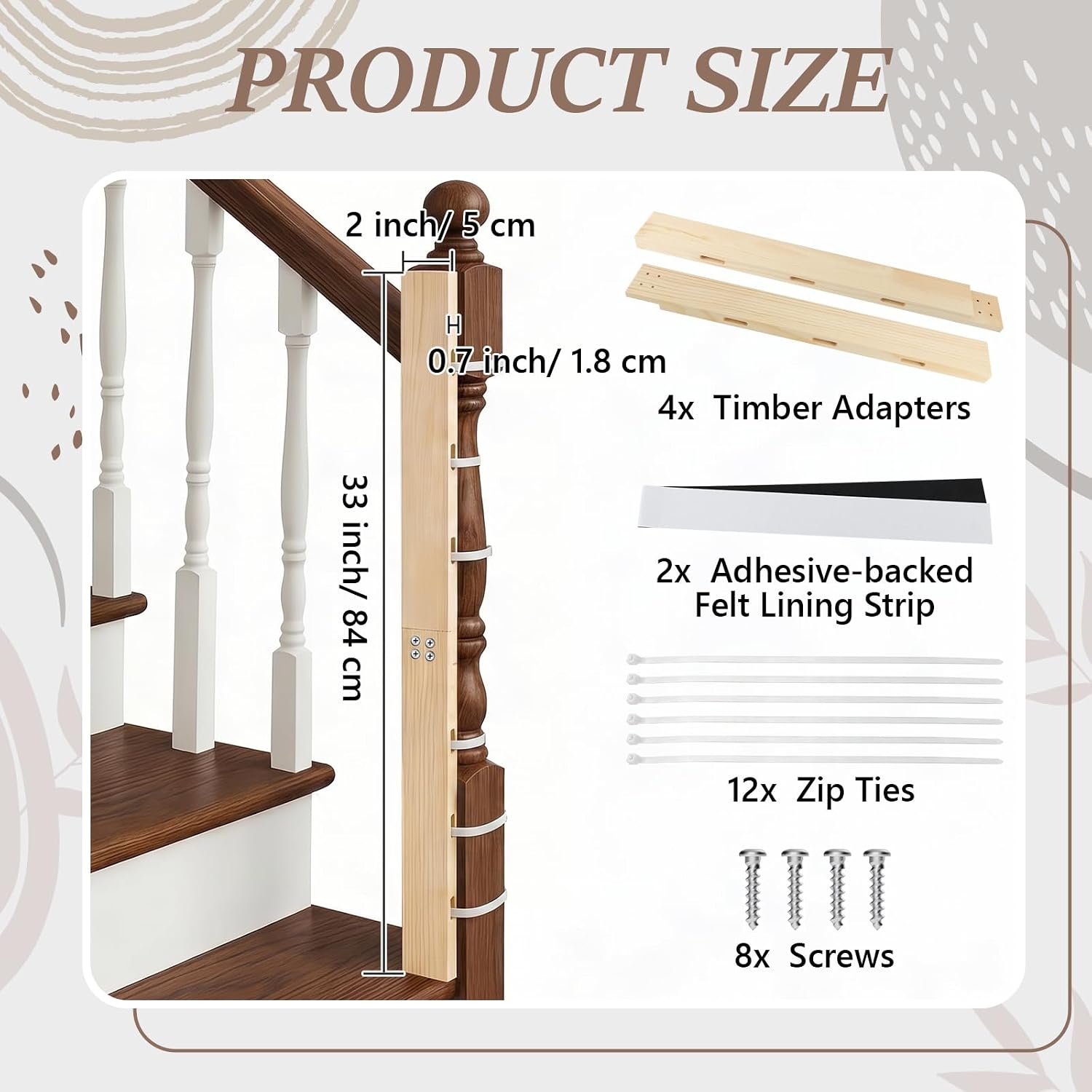 2 Sets No Hole Baby Gate Banister Adapter, Wood Mounting Kit for Stairway, Fits Posts from 2 3/4 inches to 3 1/2 inches Wide with Square or Round Tops up to 33" Tall