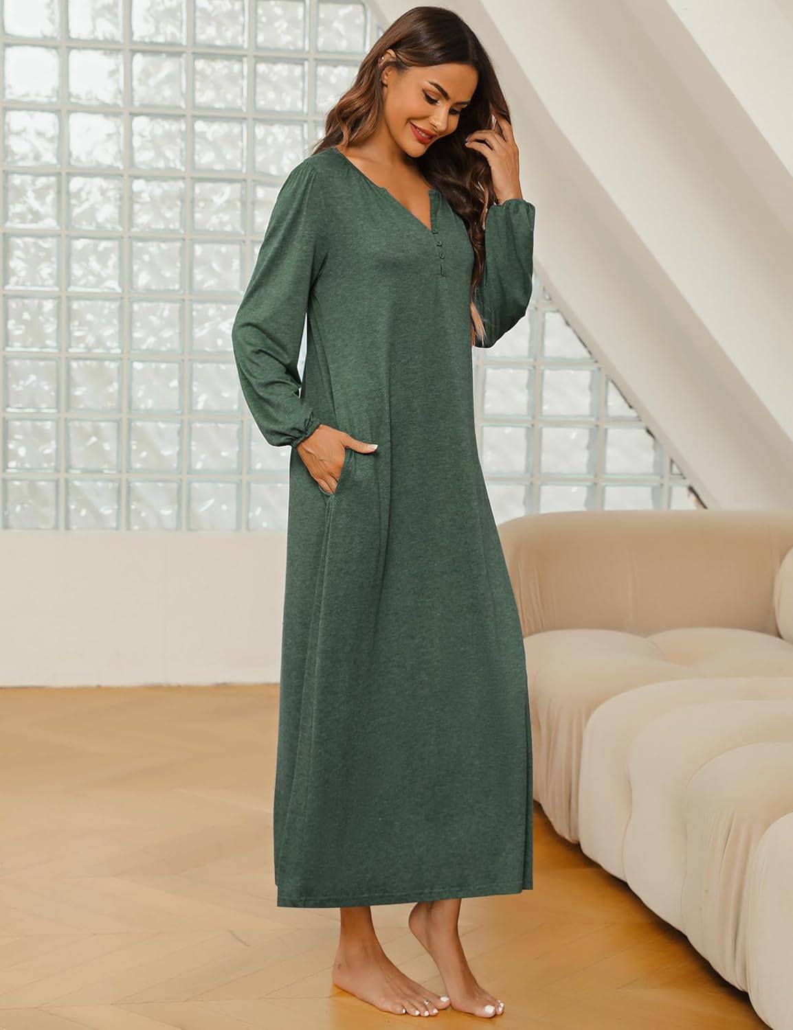 Marvmys Womens Cotton Long Sleeve Nightgown Long Sleepshirts Full Length Henley Sleep Dress with Pockets - Image 4