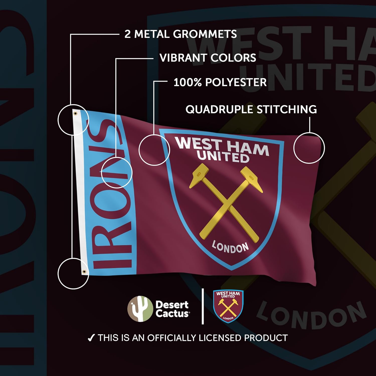 Desert Cactus West Ham United Flag Hammers Football Soccer 100% Polyester Indoor Outdoor 3x5 feet Banner (Flag F)