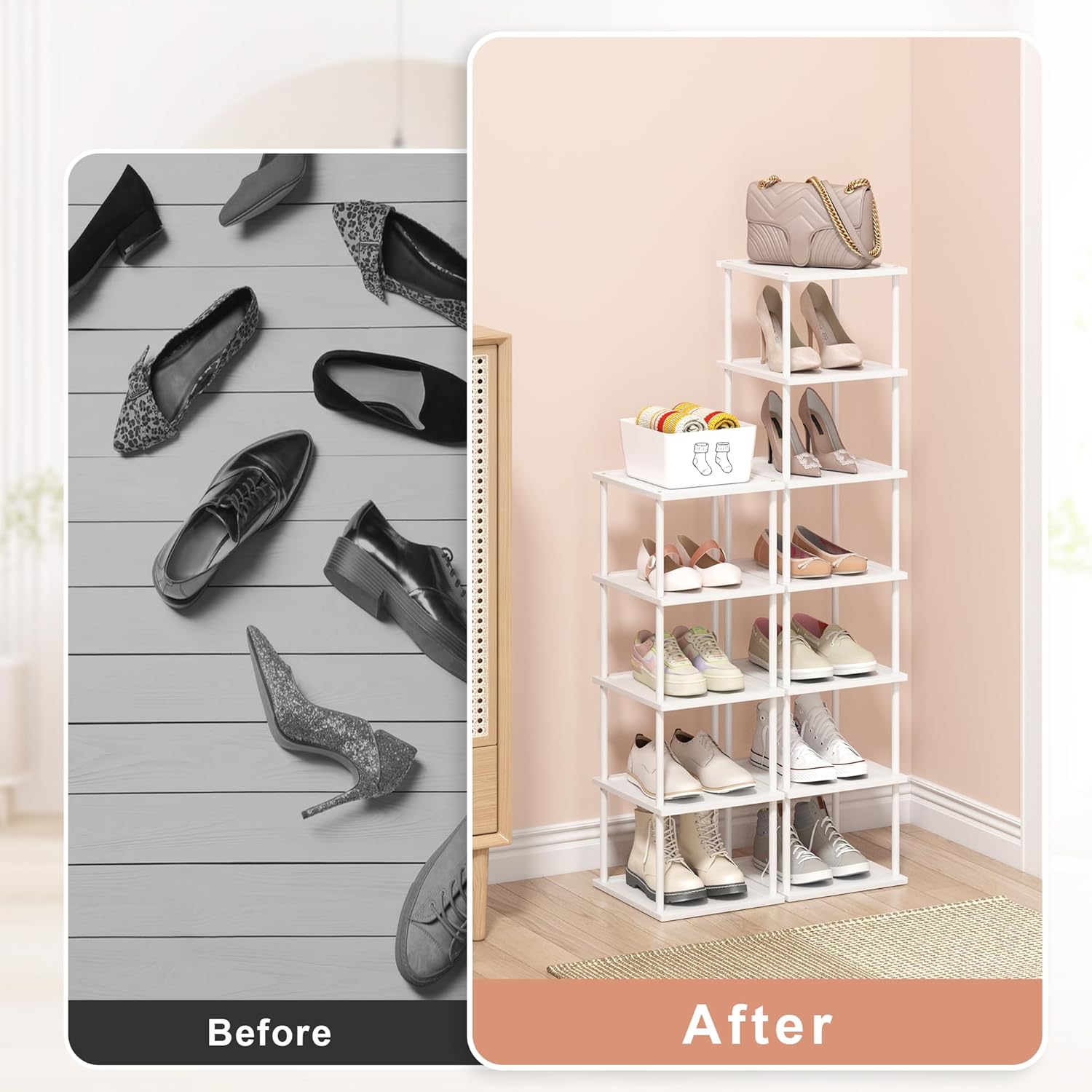 Vertical Tall Shoe Rack Organizer for Entryway -12 Tier Free Standing Slim Narrow Bamboo Wood Corner Stackable Shoe Boots Storage Stand Small Spaces for Closet Garage Cloakroom Living Room (White)