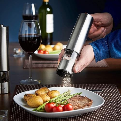 Miniatura 2 de Molinillo de sal y pimienta, juego de molinillo eléctrico de sal y pimienta, ajustable automático, molinos de especias alimentados por acero