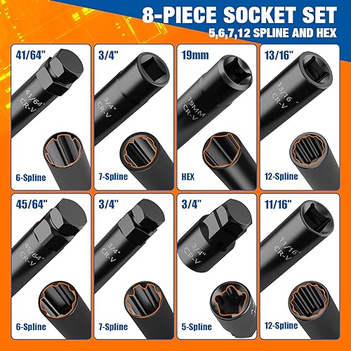 Vista 2 de Dynofit 8-Piece Lug Nuts Key Kit, 5/6/7/12 Spline Lug Nuts Socket Set for Aftermarket Rims and Wheel Lock, with 1/2" Drive & Hex External Ends for