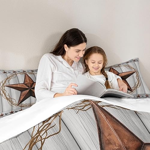Miniatura 2 de Manfei Juego de edredón estilo occidental de Texas con estrella para niños tamaño queen, juego de ropa de cama retro de granero de madera vieja,