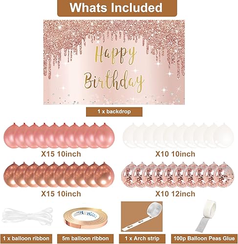 Miniatura 2 de Cartel de feliz cumpleaños de oro rosa con arco de guirnalda de globos de confeti, juego de globos de feliz cumpleaños para mujeres y niñas, póster