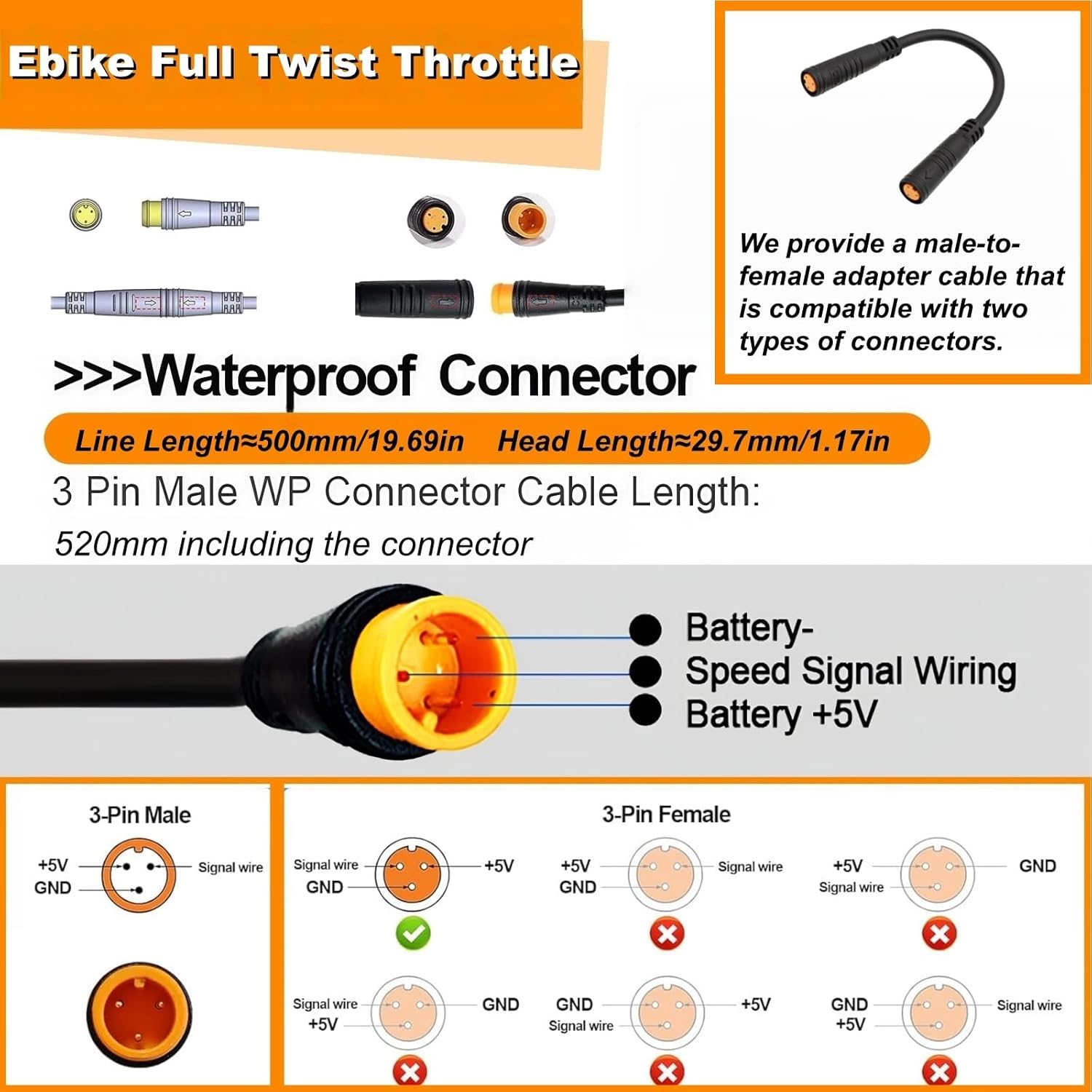 Full Twist Throttle for Macfox, 12V-72V Waterproof Quick Twist 3 Pin Ebike Throttle, Protecting for HappyRun Freego Heybike Electric Dirt Bike Scooter