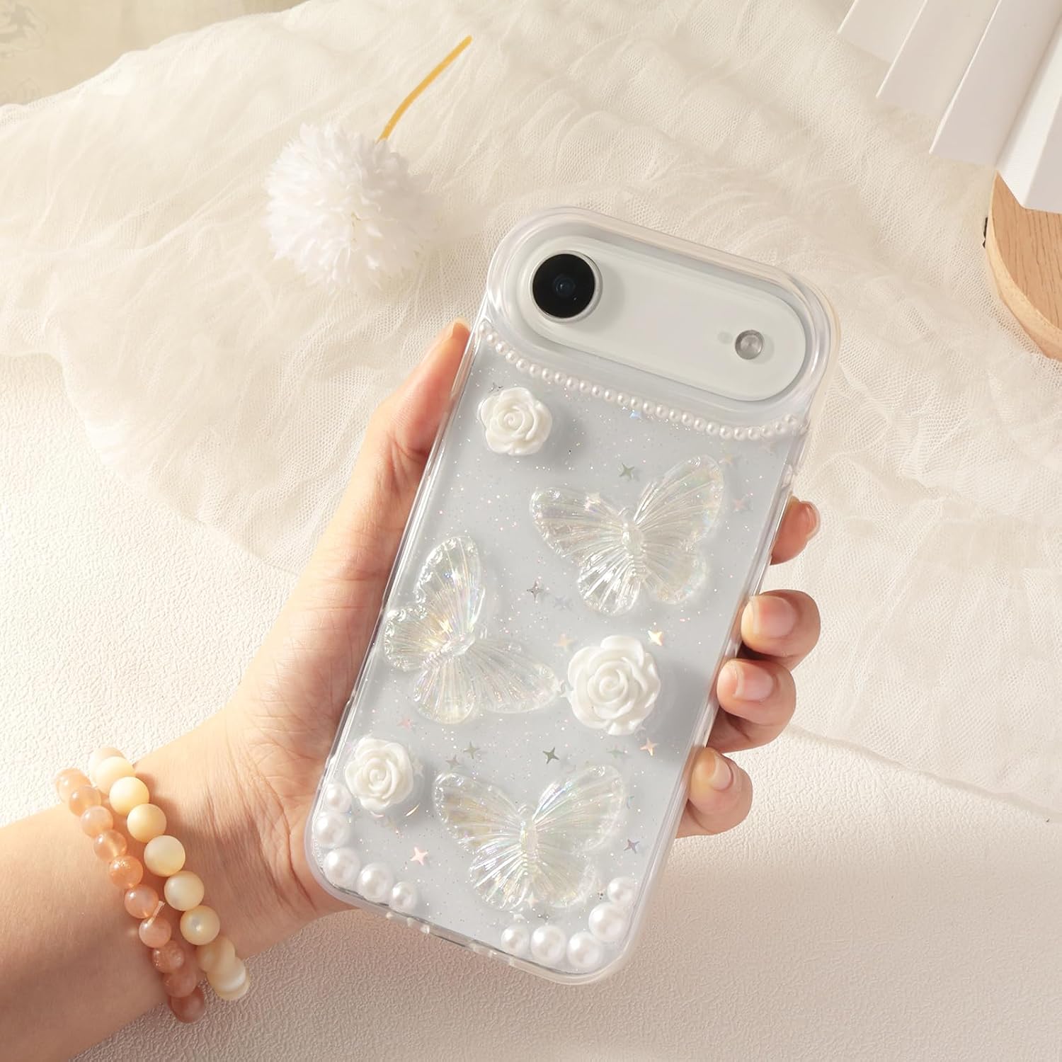 Compatible for iPhone 17 Air Case 3D Butterfly Floral Clear Aesthetic Women Teen Girls Glitter Pretty Crystal Sparkle Cute Phone Case Protective Cover+Chain image 5