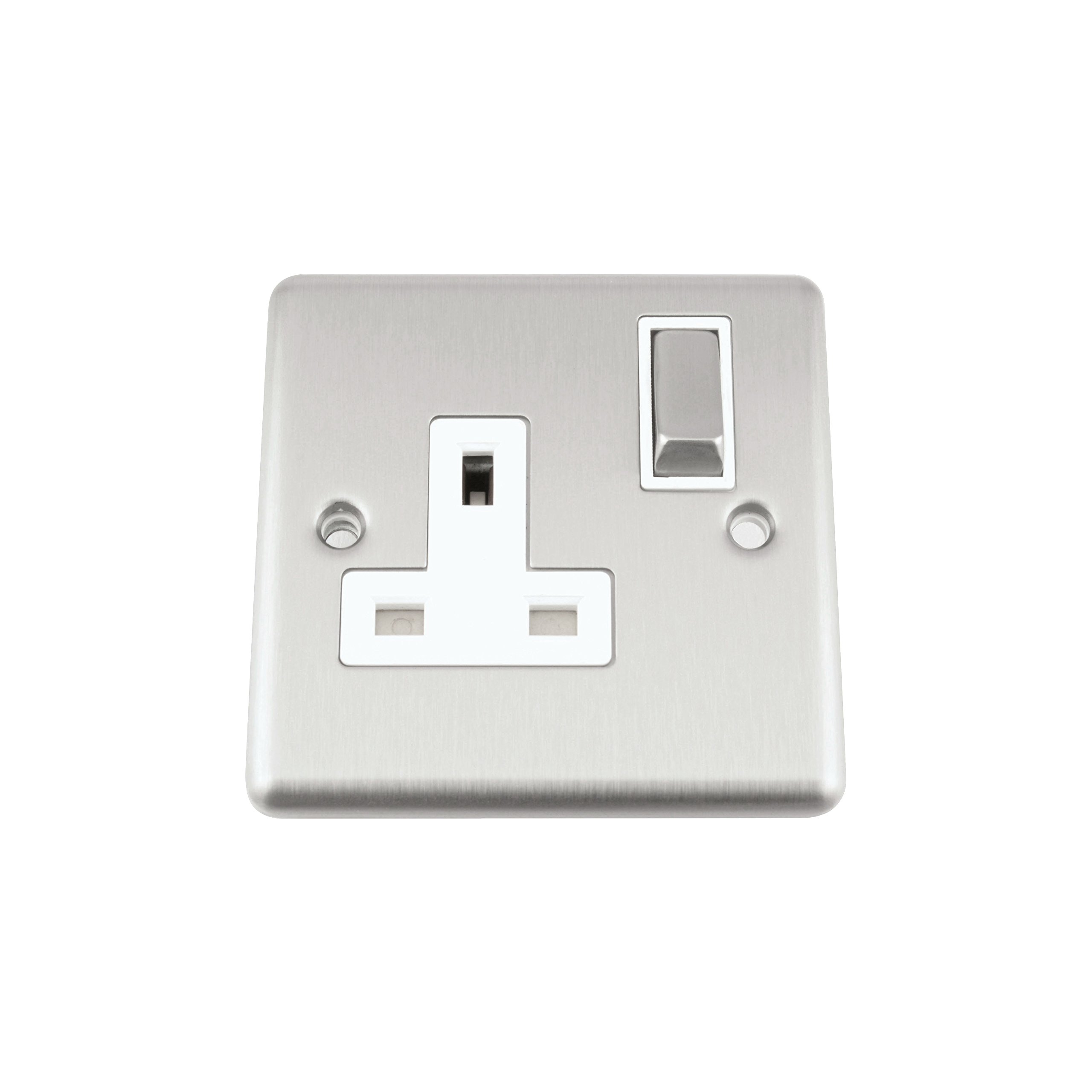 A5 Wall Socket Single 1 Gang - Satin Matt Chrome Classic - White Insert - Metal Rocker Switch