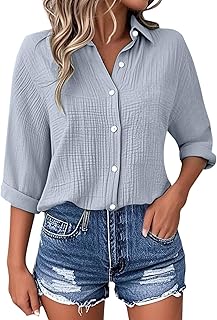 2025 Blusa casual de manga corta de color sólido para el uso diario con jeans Camisa cómoda para primavera verano mujer Blusas largas elegantes