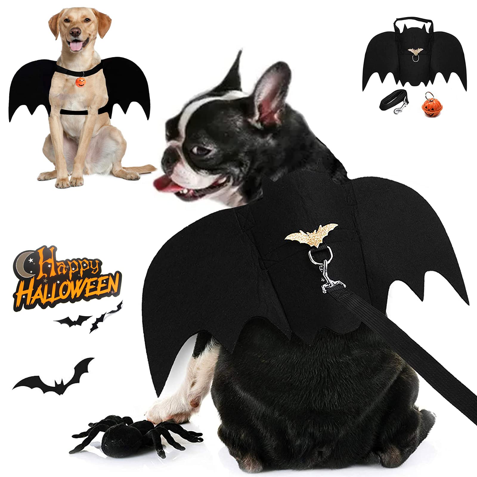 Disfraz De Alas De Murciélago Para Perro - Halloween Con Campana - Talla Grande - Fieltro Ajustable Para Mascotas