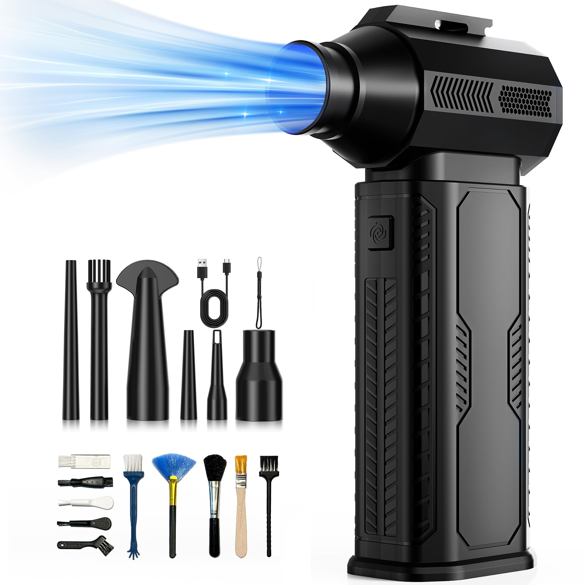 ZOAIVR Compressed Air Duster, 130,000RPM Ultra-Powerful Cordless Electric Air Duster with Rechargeable Battery, 4-Gear Adjustable Air Blower for Keyboard/Computer/Car/Home Cleaning - Pure Black