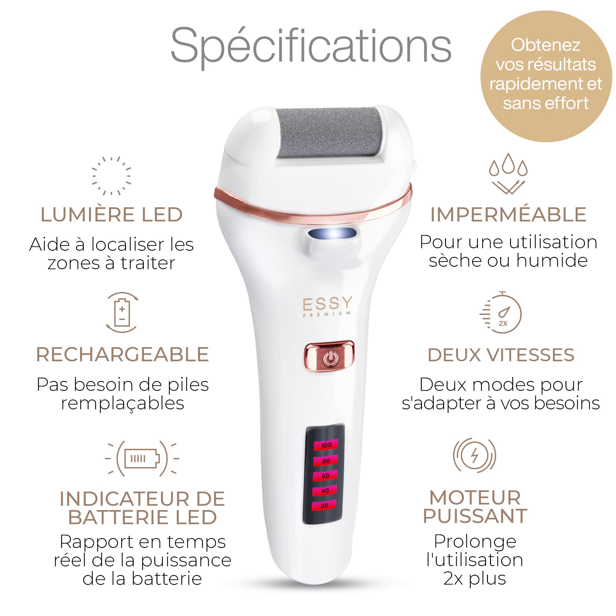 Essy Râpe à Pieds Électrique avec 5 Rouleaux de Remplacement, Ponceuse Rechargeable pour Élimination des Callosités, 2 Vitesses, Écran LED, Charge USB, Kit Pédicure (Blanc)
