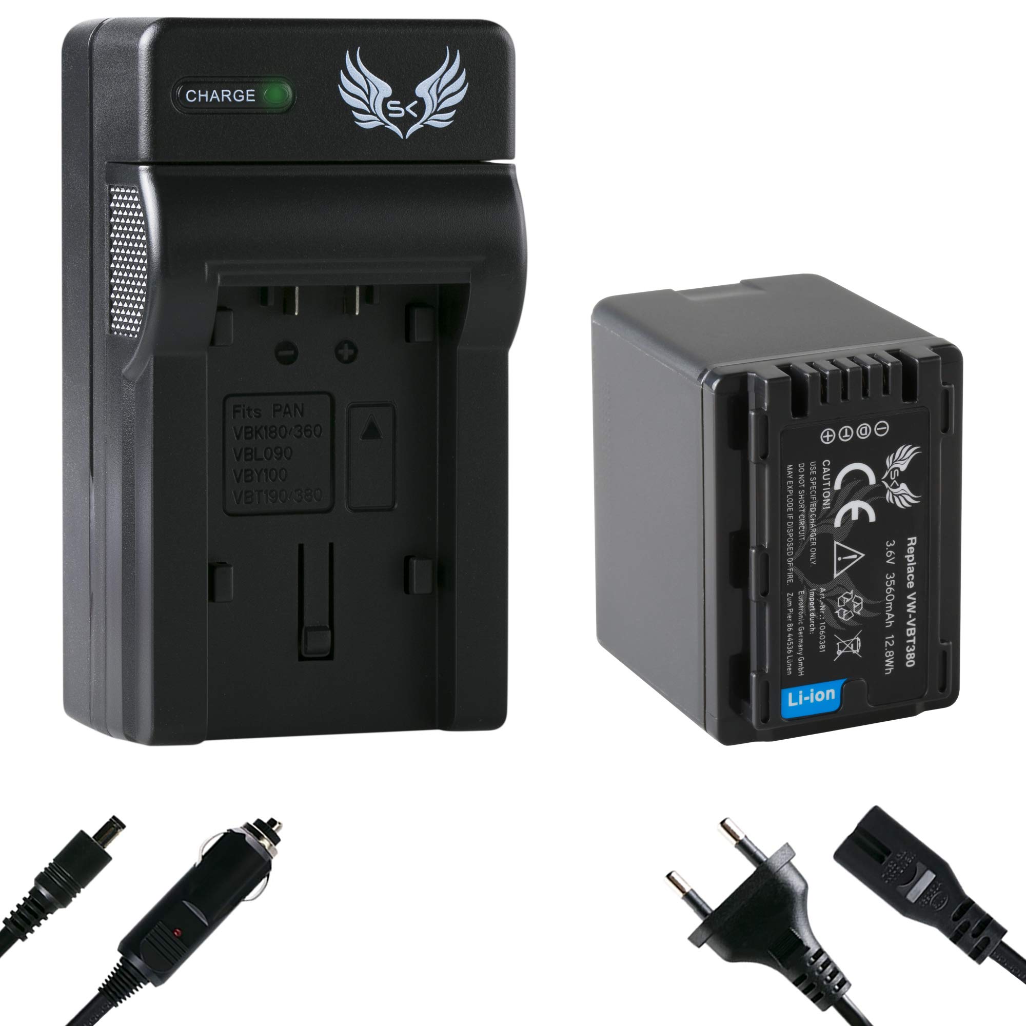 SK Akku Ersatz für Panasonic VW-VBT380 E-K 3560mAh + Ladegerät VW-VBK180 VW-VBK360 VW-VBT190 VW VBK180 VBK360 VBT380 E K Panasonic HC-V777 VXF999