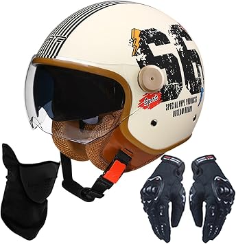 3/4 Motorcycle Motorbike Scooter Vintage Helmet with Double Visor, ECE Approved Retro Jet Half Helmet for Kids, Youth, Men, Women 02