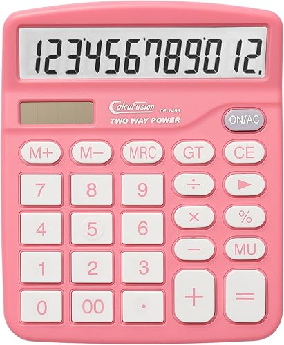 Calculadora, 12 Dígitos Rosa Calculadoras de Escritorio Pantalla Grande LCD y Botón Grande Dual Solar y Funciona con Batería Funciones Estándar