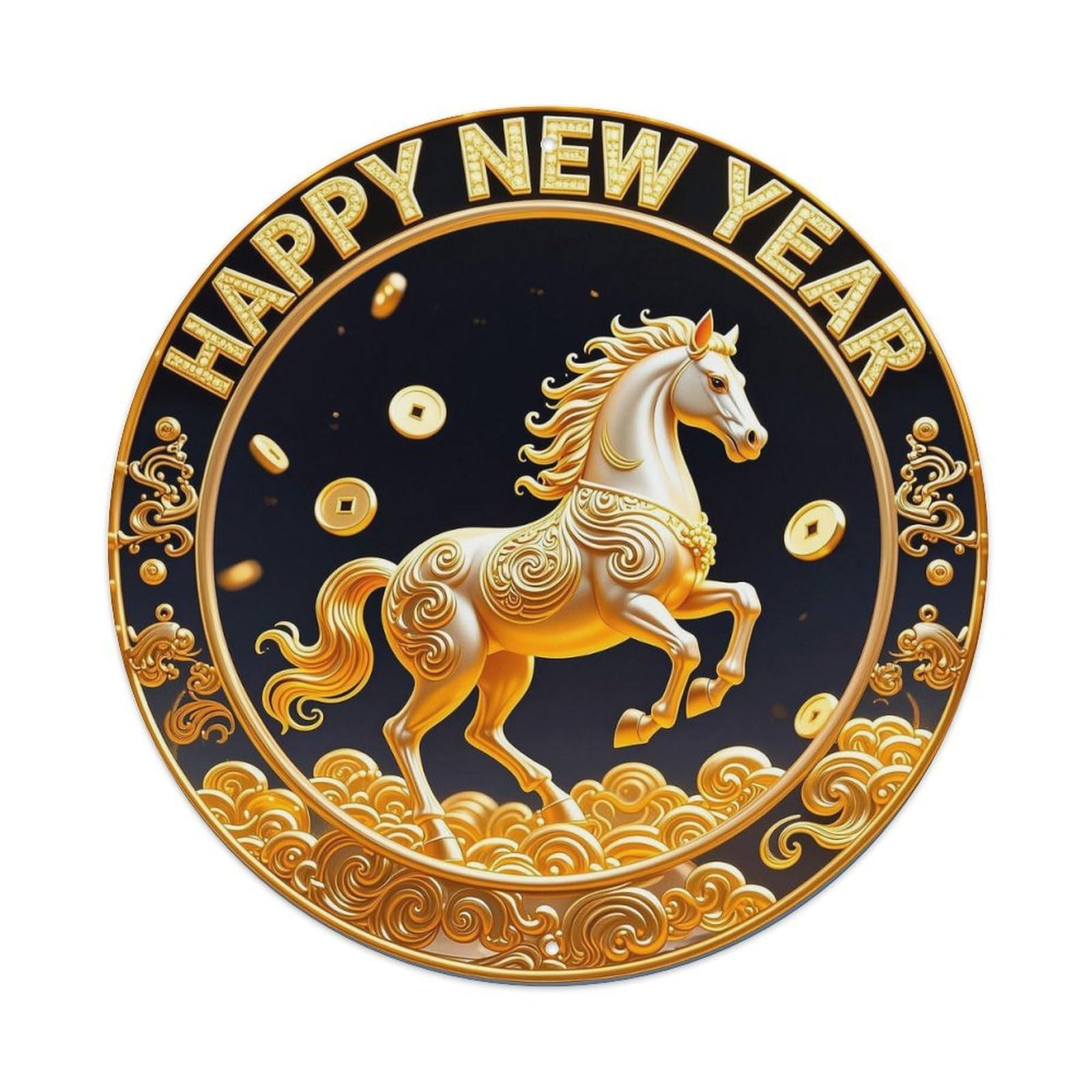 Golden Horse With Clouds And Coins Round Tin Sign Vintage Metal Sign Home Bar Garden Indoor & Outdoor Wall Decor Retro Metal Poster 8x8 Inch