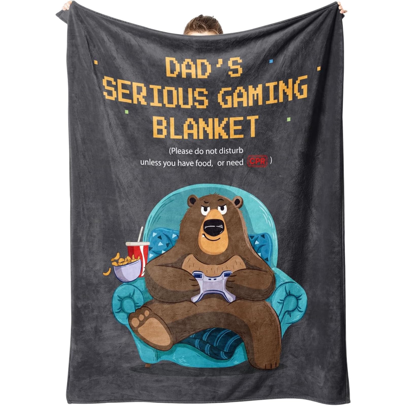 RONGJUKD Father's Day Birthday Gift for Dad, Gaming Dad Flannel Blanket 50x60 Inch, Microfiber Fluffy Throw Blanket with Bear Gaming Pattern, All Season Indoor Outdoor Camping Nap Blanket