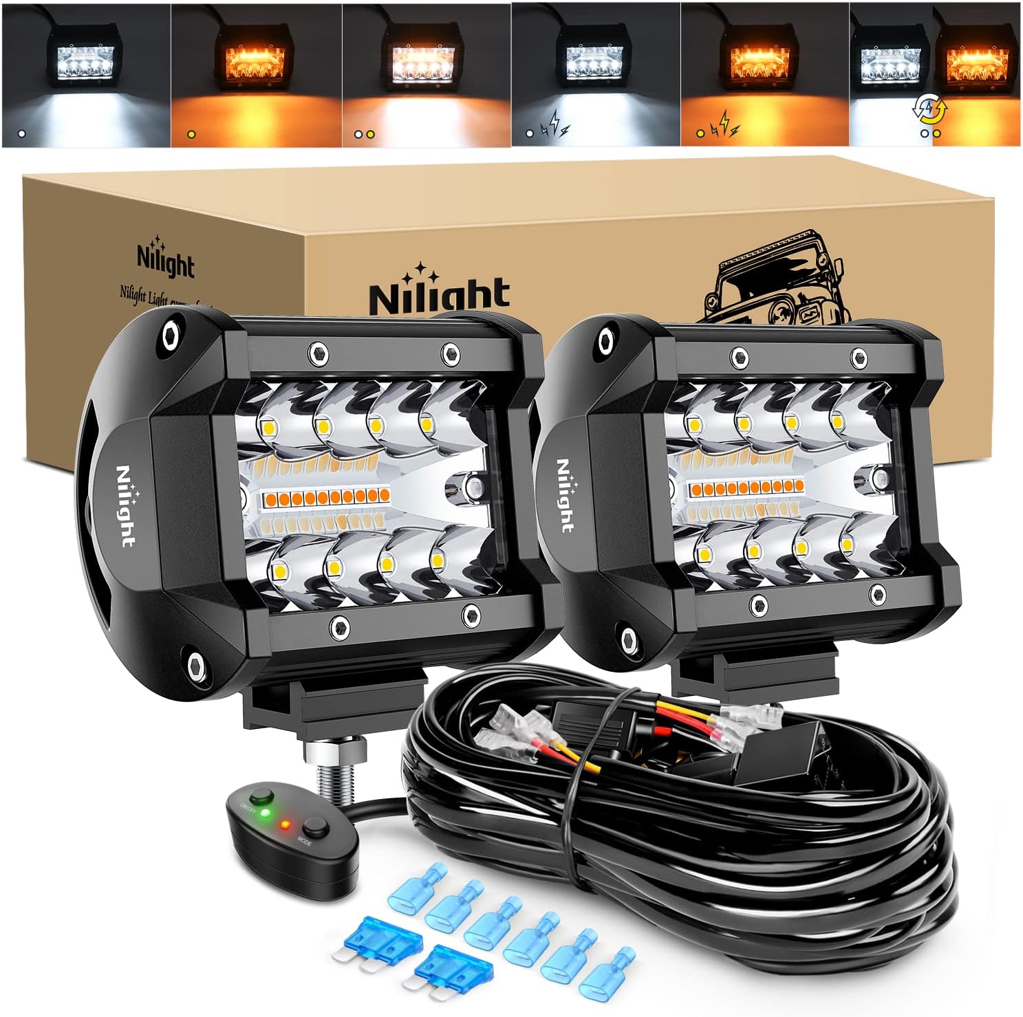 2PCS 4Inch 60W LED Pods Spot Flood Amber White Light Bar Strobe 6 Modes Memory Function Off-Road Truck Car ATV SUV Cabin Boat with 16AWG Wiring Harness Kit-2 Lead, 2 Years Warranty, (ZH500)