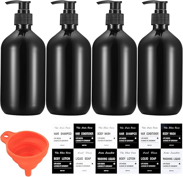4 Pcs 500ml Soap Dispenser with Pump, Empty Refillable Pump Bottle Dispensers for Kitchen Bathroom Liquid Hand Dish Soap Dispenser Bottles Containers, with Funnel and Label - Black