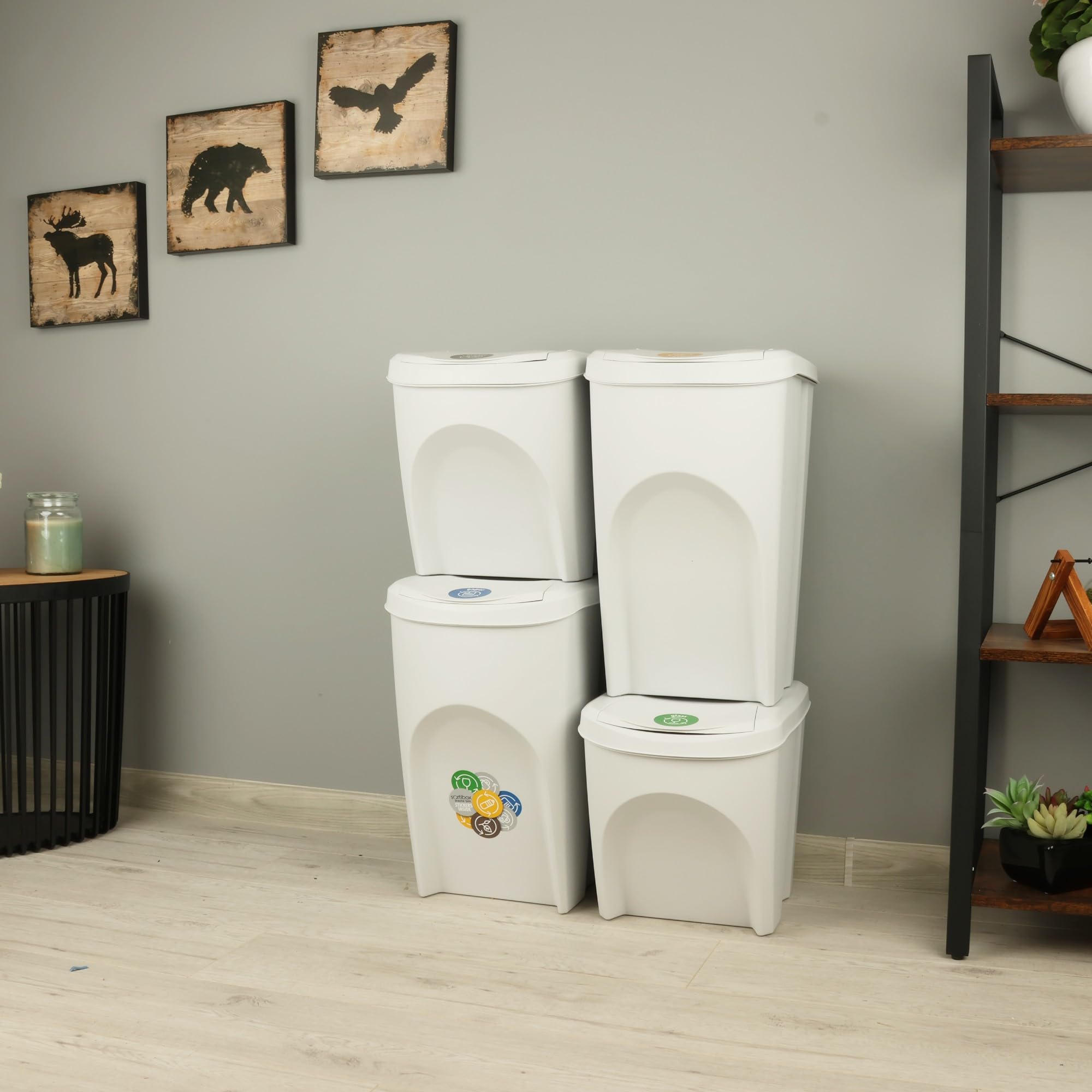 botle 4-częściowy zestaw koszy na śmieci 120 l system segregacji śmieci - zestaw składający się z 2 x 35 l + 2 x 25 l koszy na śmieci w kolorze białym, popielaty kolor, do układania w stos, kompaktowy