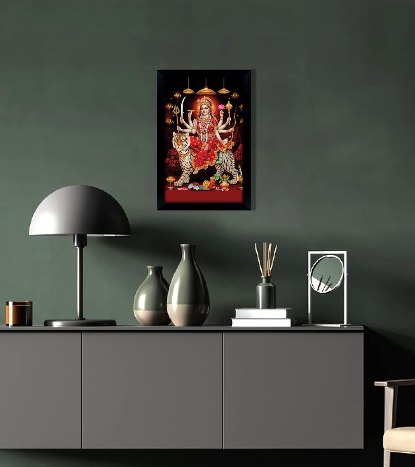 Goddess Durga Poster With Frame Religious Poster Black Wall Frame Deity Photo Frame Wall Decor For Home/Office/Temple-12 x 18 Inches