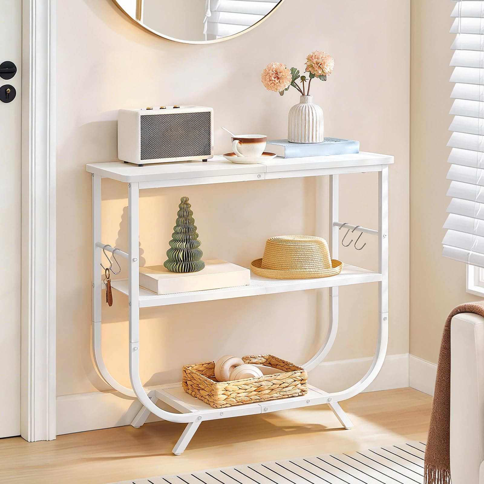 HOOBRO Mesa de Consola de 3 Niveles, Estantería Estrecha con Marco Metálico, 80 x 30 x 74 cm, Mesa Auxiliar para Sofá, Mueble de Entrada con Pies Ajustables y Ganchos, Pasillo, Salón, Blanco EWW63XG01