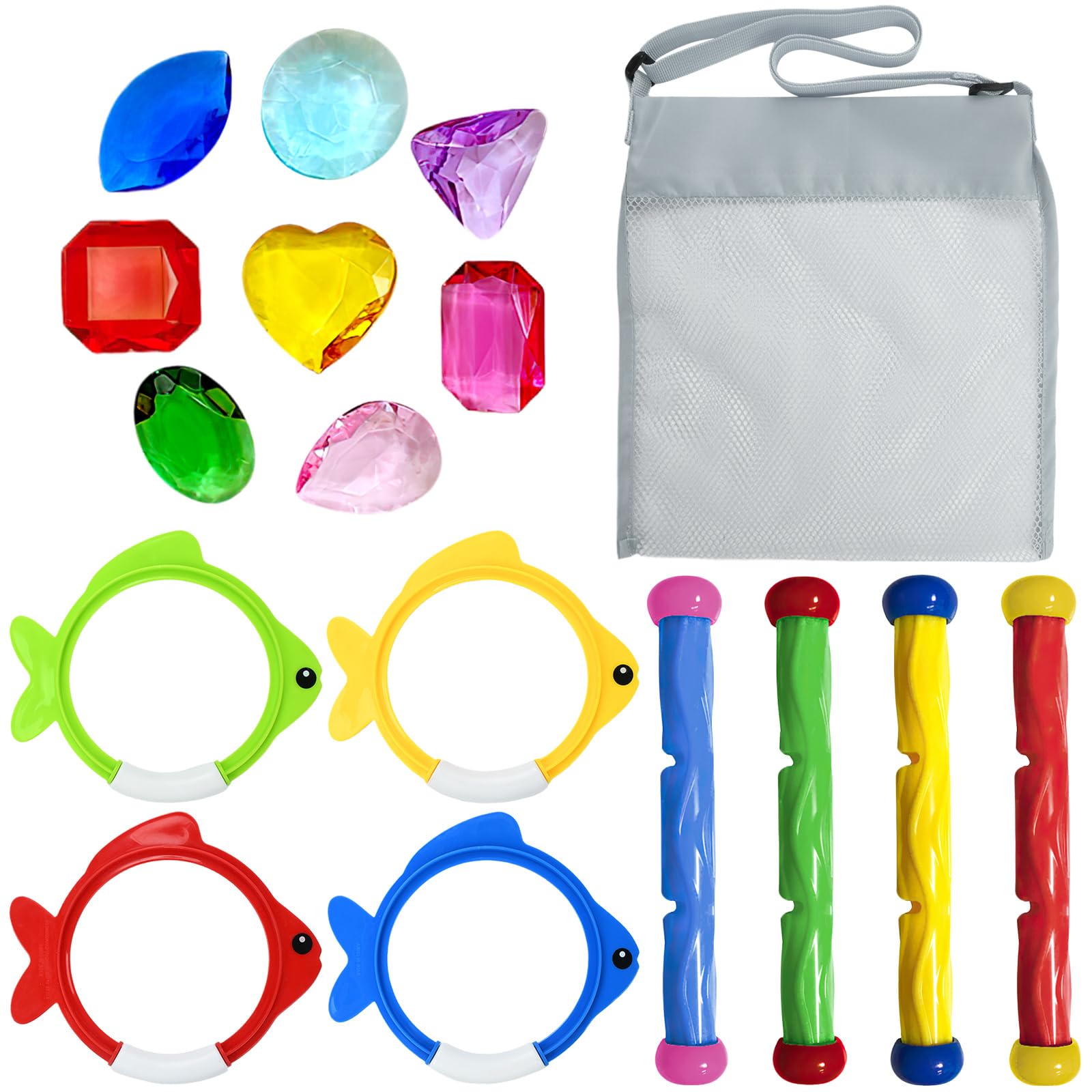 17 Pièces Jouet de Piscine pour Enfant, Kit de Jouet de Plongée avec Bâtons de Plongée Anneaux de Plongée Pierres Précieuses, Jouets de Natation Sous-Marine pour 5 à 12 Ans Garçons Filles (B)