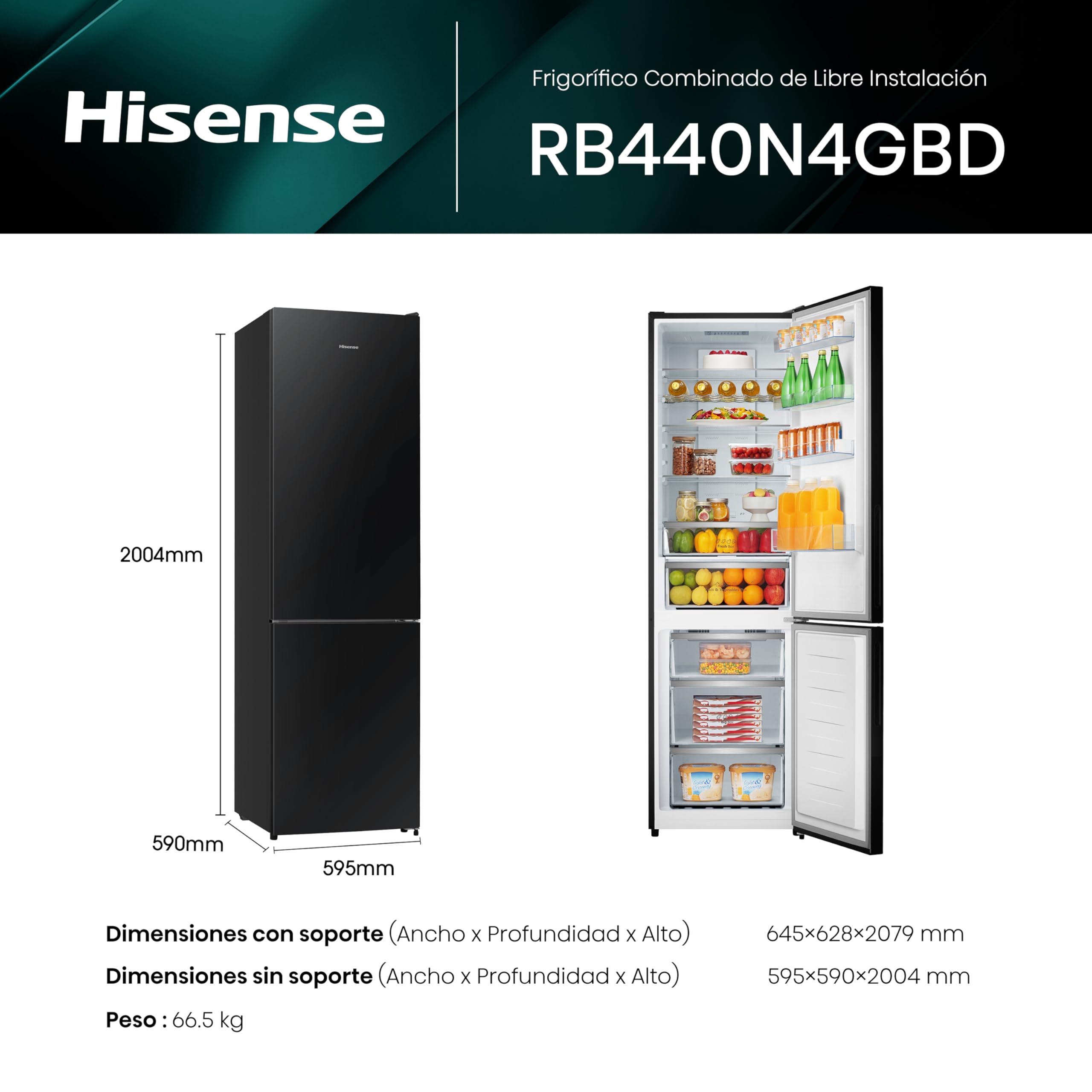 Hisense RB440N4GBD - Frigorífico Combi No Frost Puerta Cristal, Clase D, Capacidad 336 L con 200 cm Alto, Multi Air Flow, Congelamiento Rápido, Total No Frost, Silencioso 39dB, Color Negro