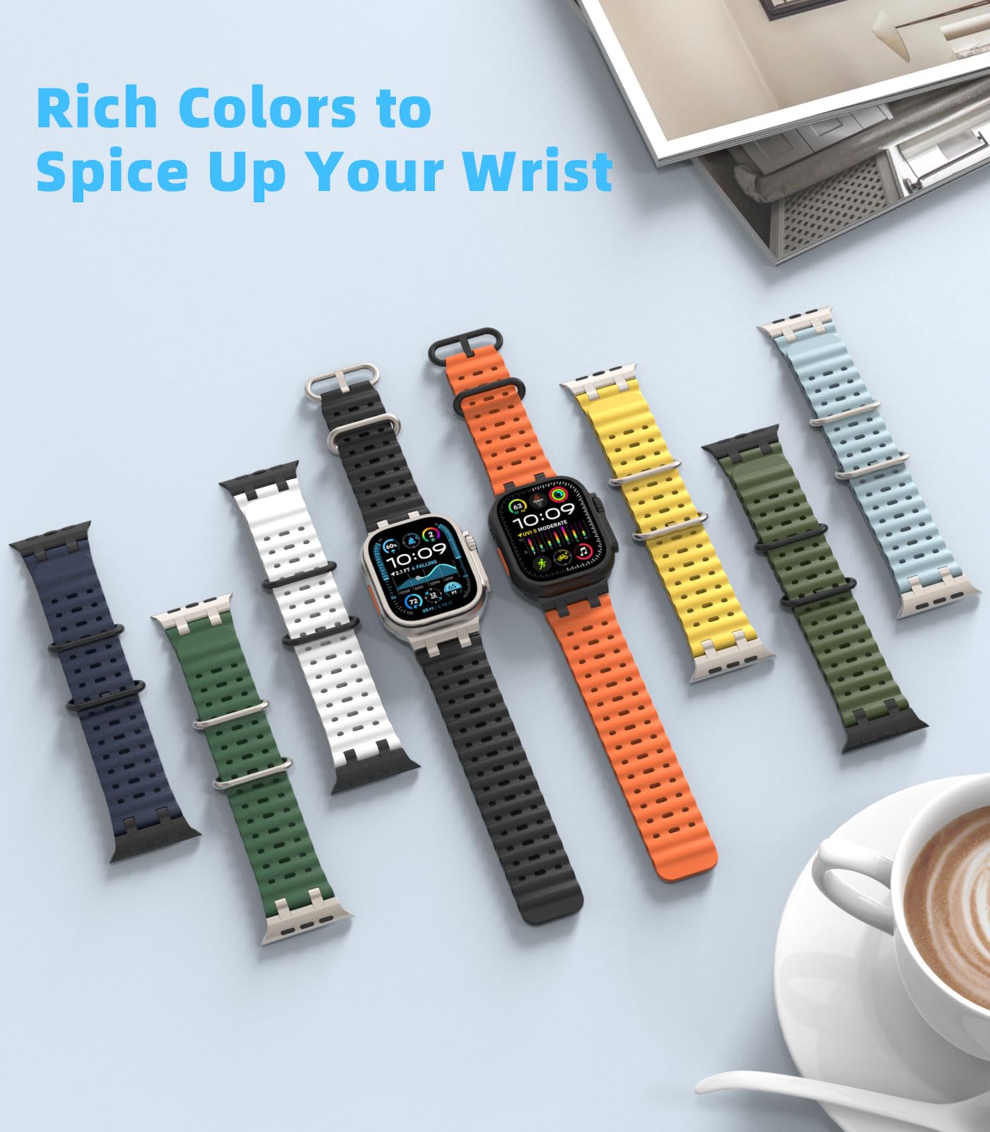 MoKo Correa Ocean Compatible con Apple Watch Ultra 3/2/1 49 mm, S11/S10 46 mm, 9/8/7 45 mm, SE3/SE2/SE/6/5/4 44 mm, 3/2/1 42 mm, Correa Deportiva de Silicona Transpirable