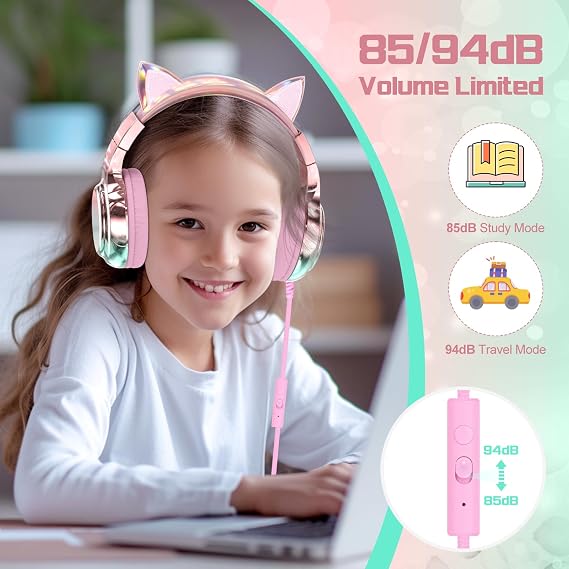 JYPS Kids Headphones, Cute Metallic, 85/94dB Vol Limit Wired Cat Pink | Stereo Sound, Sharing Function, Foldable 3.5mm Over-Ear Design, Toddler/Childrens Headphones for iPad, Tablet and School use