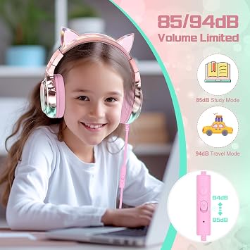JYPS Kids Headphones, Cute Metallic, 85/94dB Vol Limit Wired Cat Pink | Stereo Sound, Sharing Function, Foldable 3.5mm Over-Ear Design, Toddler/Childrens Headphones for iPad, Tablet and School use