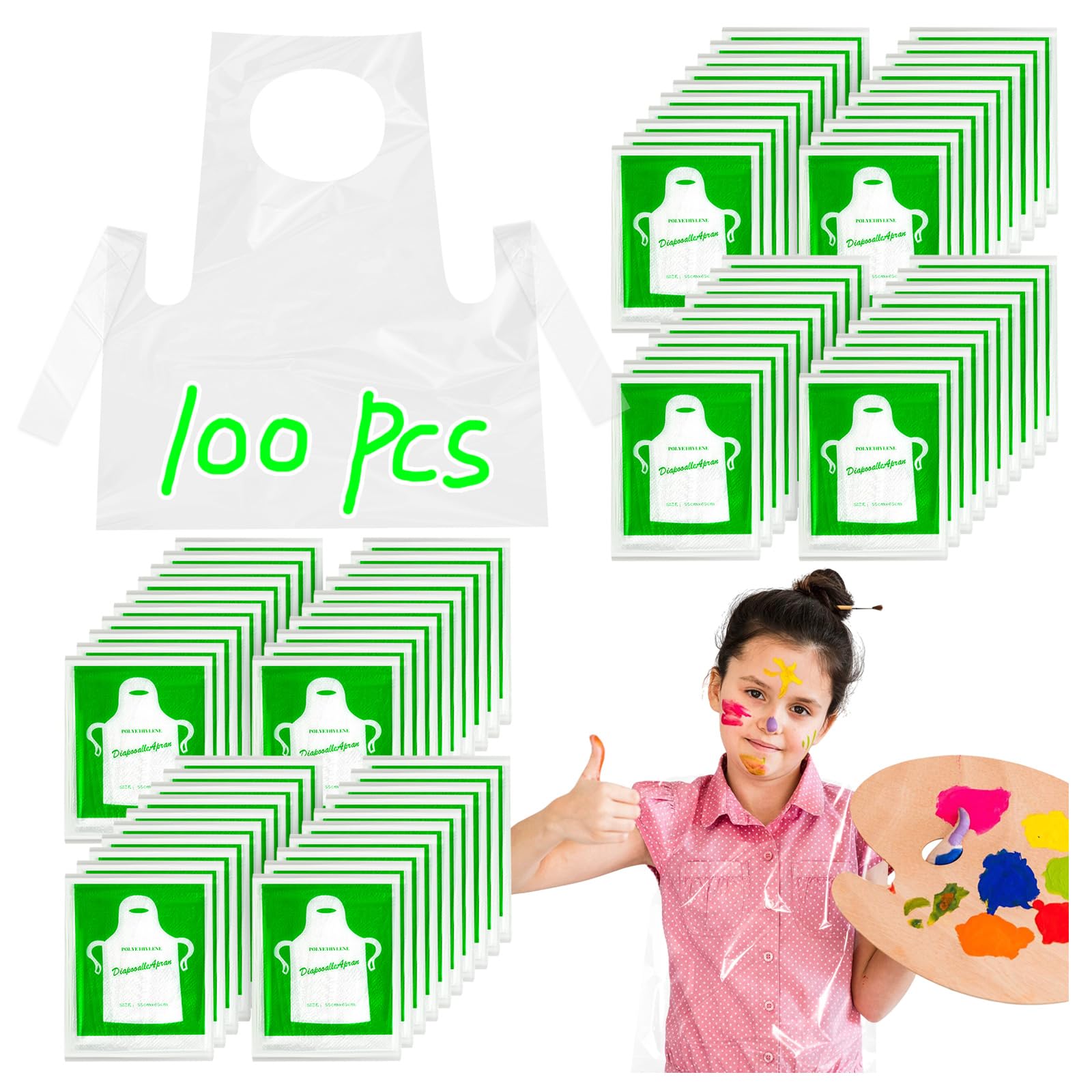 SYOZPXY 100Pcs Disposable Kids Apron, Disposable Children's Art Waterproof Overalls, Teenagers Clear Plastic Apron, for Hand Painting, Children's Art Touching, Cooking 4-12