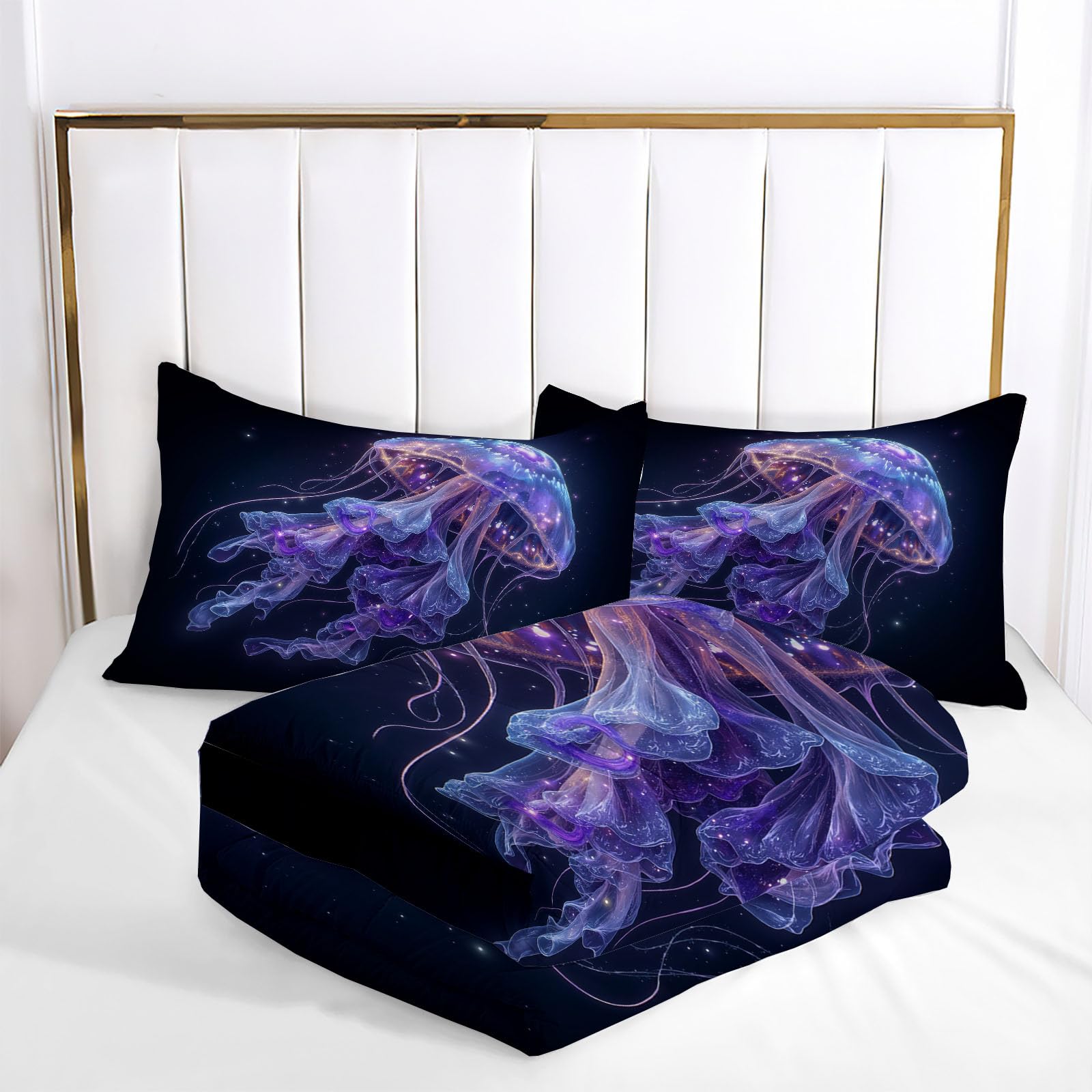 Trapunta Letto Singolo 4 Stagioni Piumone per Bambini, Medusa Viola Leggero Minimalismo Cielo Stellato Set di Biancheria da Letto 140x200cm con 1 Federe,Piumino Lavabile In Lavatrice